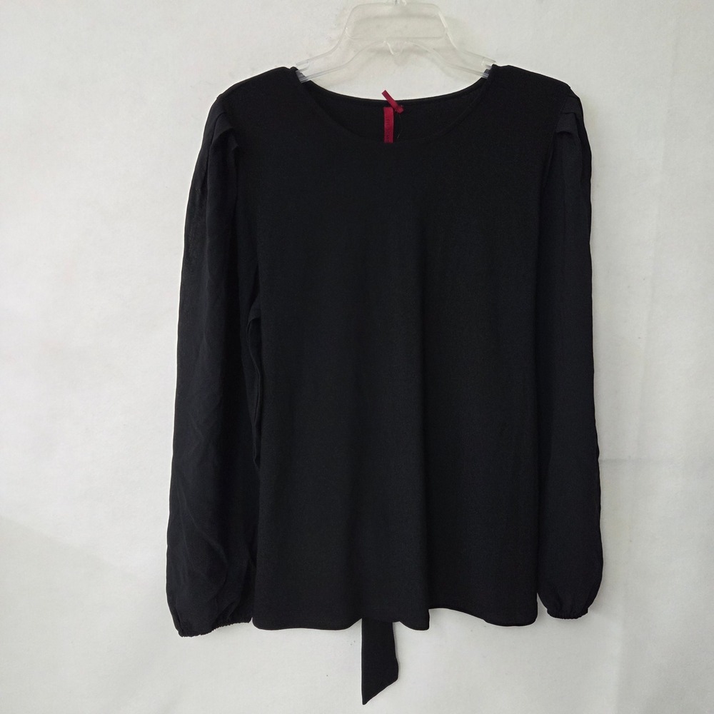 LOVE‎ SCARLETT Shirt Black Knit Puffed Sheer Sleeve Tie Back Top XL New